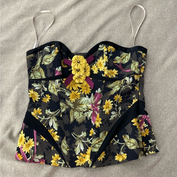 Karen Millen Tops - Karen Millen Floral Jacquard Paneled Purple Yellow Top Size 8 Crop Top